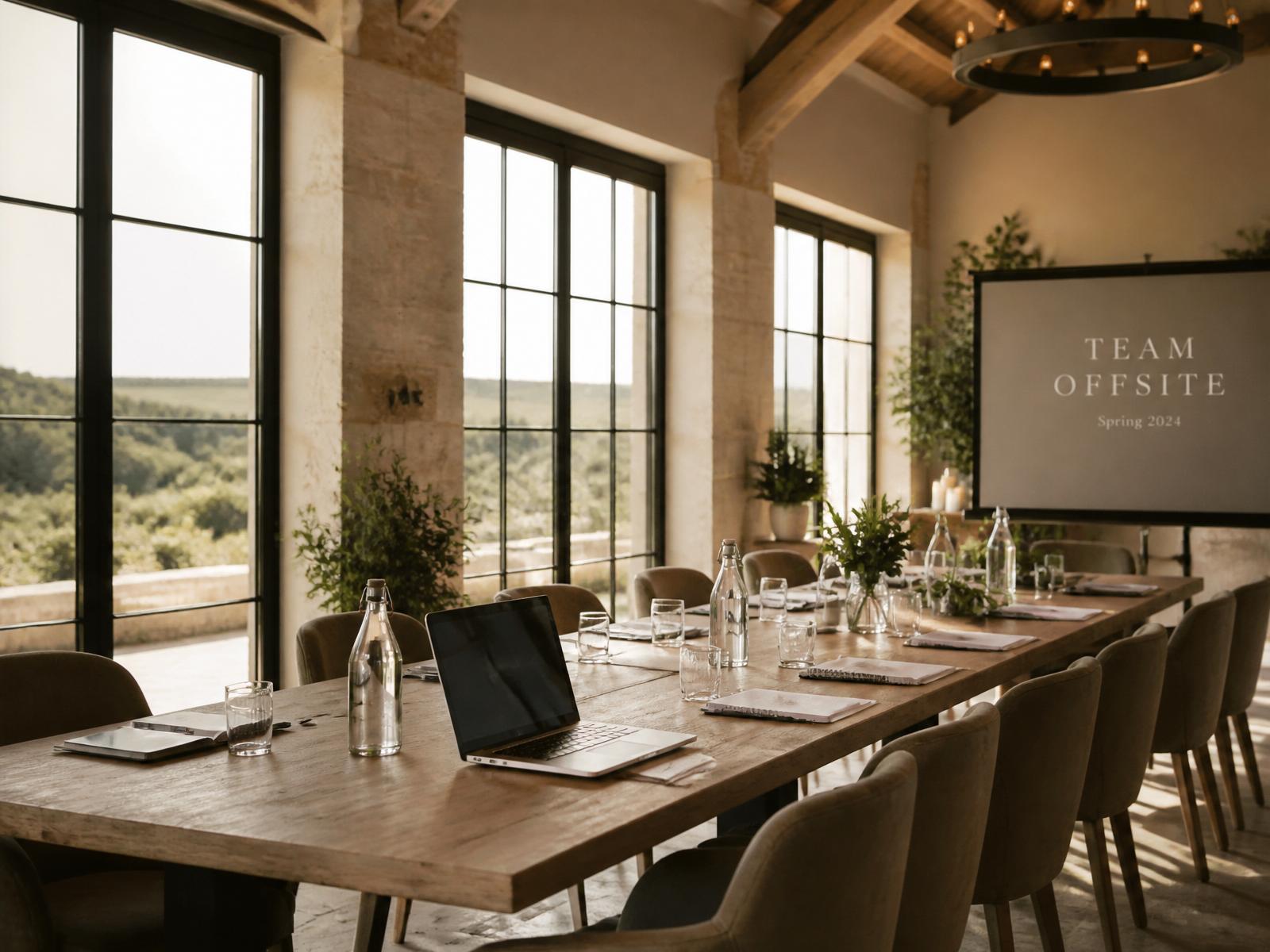 Corporate offsite meeting inside a countryside wedding venue